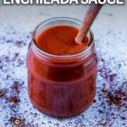 A jar of enchilada sauce with a text overlay title.