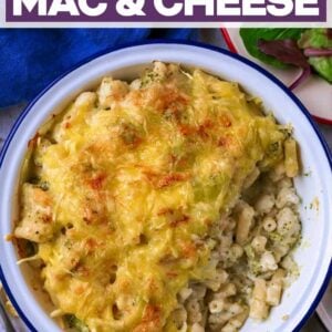 Healthy mac and cheese with a text title overlay.