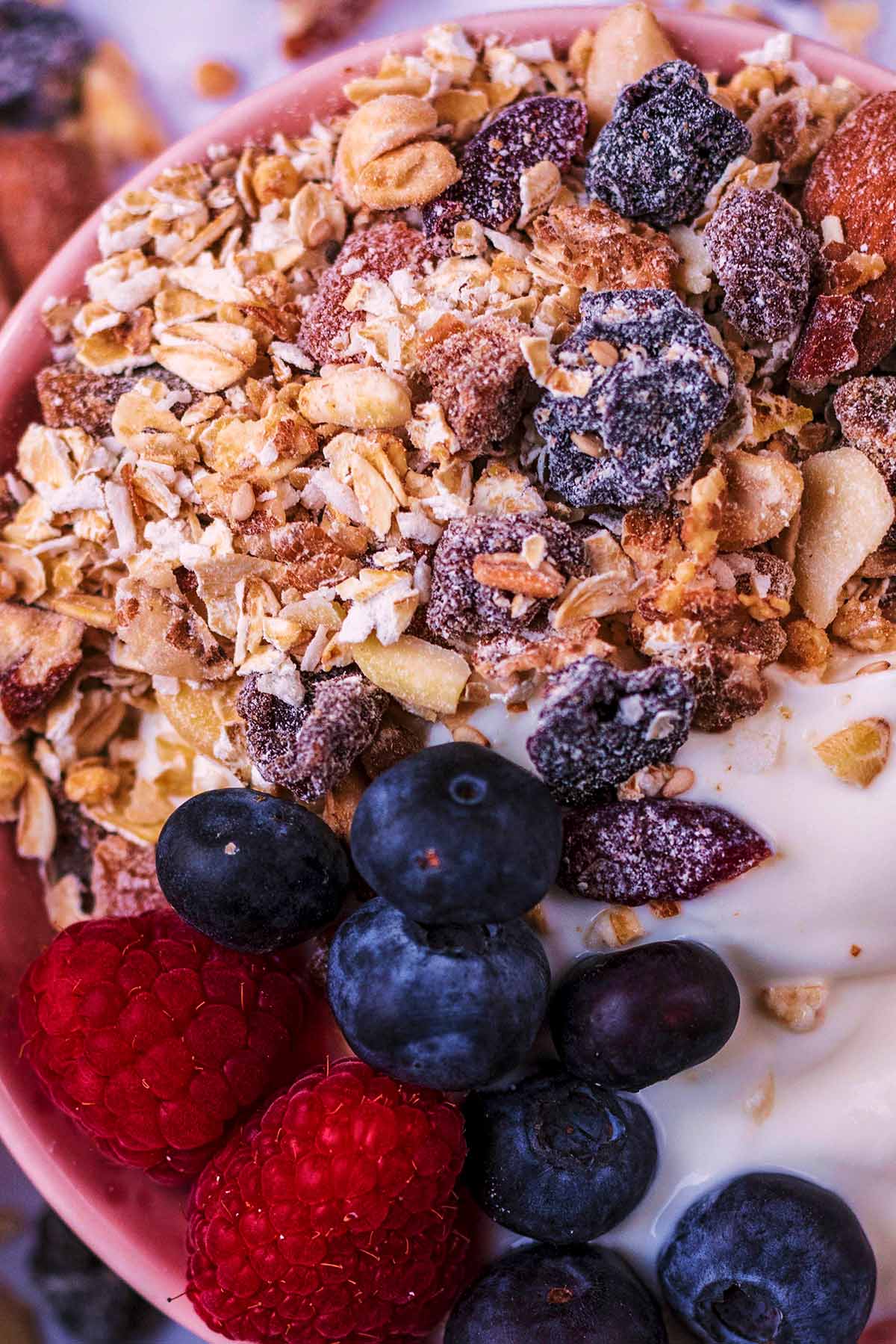 Homemade muesli and blueberries on top of plain yogurt.