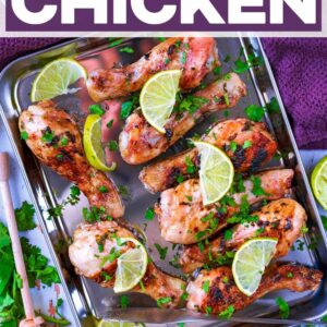 Honey and lime chicken with a text title overlay.