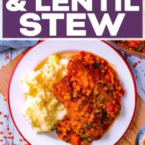 Sausage and lentil stew with a text title overlay.