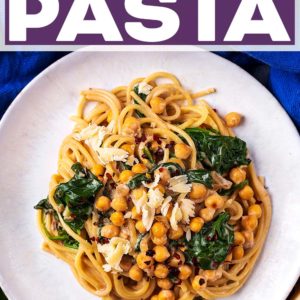 A plate of chickpea pasta with a text title overlay.
