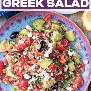 Quinoa Greek salad with a text title overlay.