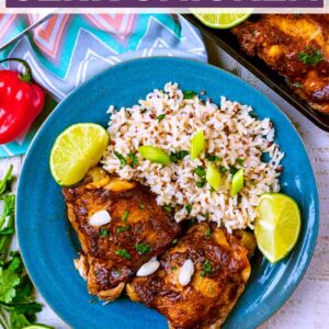 Slow cooker jerk chicken with a text title overlay.