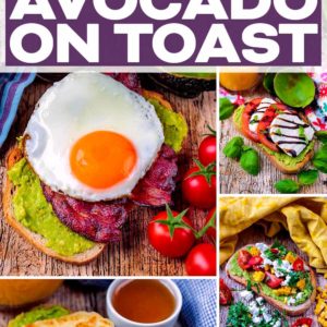 Smashed avocado on toast with a text title overlay.