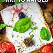 Baked feta with a text overlay title.