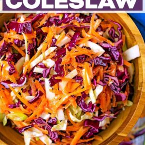 Healthy coleslaw with a text title overlay.