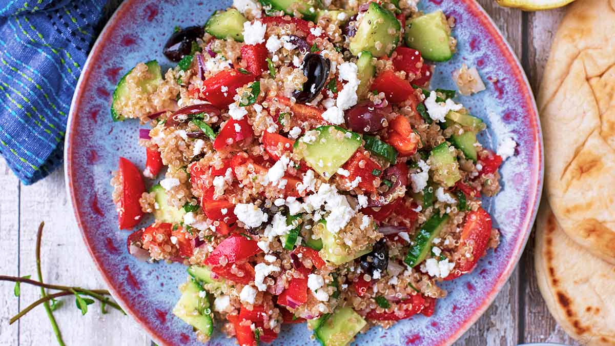A plate of quinoa Greek salad.