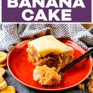 Banana cake with a text title overlay.