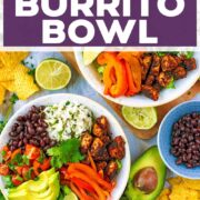 Chicken burrito bowl with a text title overlay.