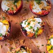 Grilled peaches with a text overlay title.