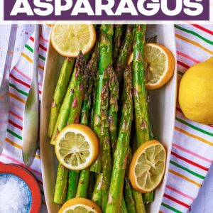 Roasted lemon asparagus with a text title overlay.