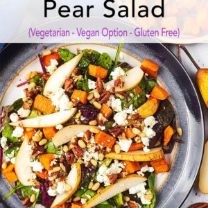 A plate of pear salad with a title text overlay.