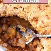 Apple and pear crumble with a text overlay title.