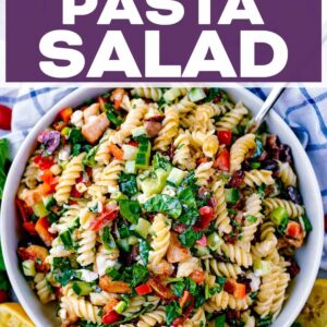 Chicken pasta salad with a text title overlay.