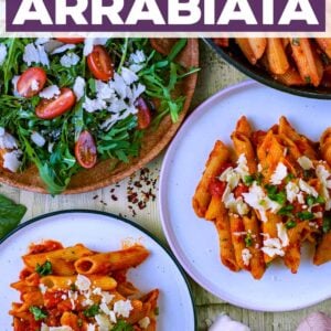 Penne arrabiata with a text title overlay.