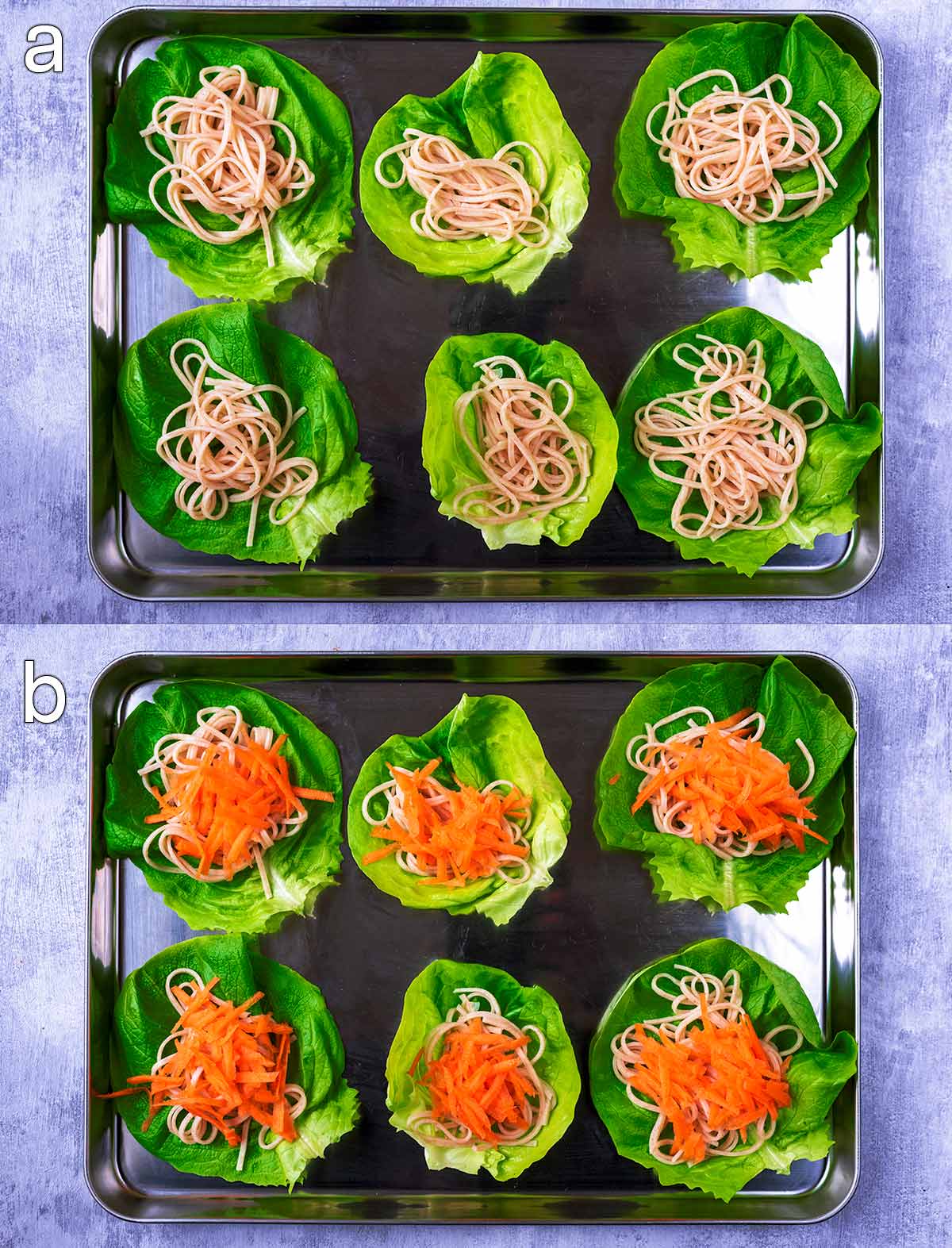 Two shot collage of noodles in lettuce leaves, then grated carrot added.