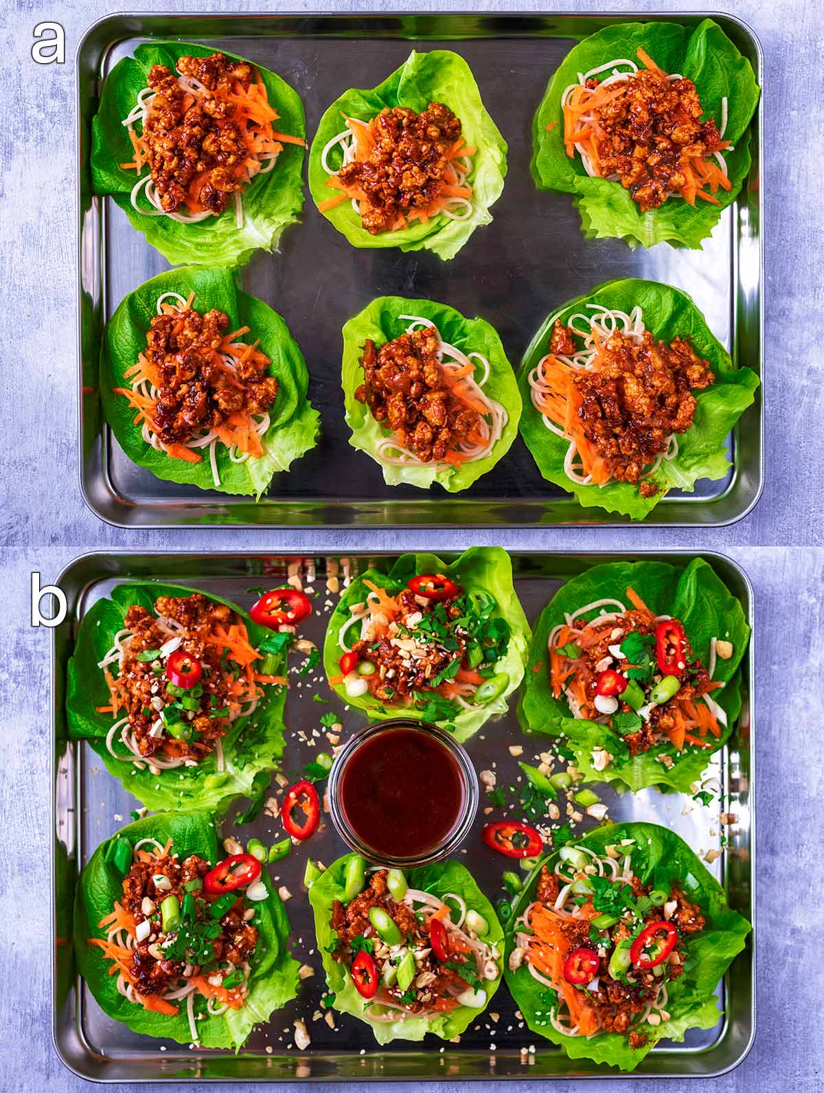 Two shot collage of cooked chicken added then topped with chillies and sesame seeds.