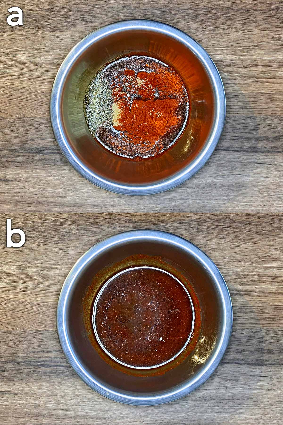 Two shot collage of pork marinade ingredients in a bowl, before and after mixing.