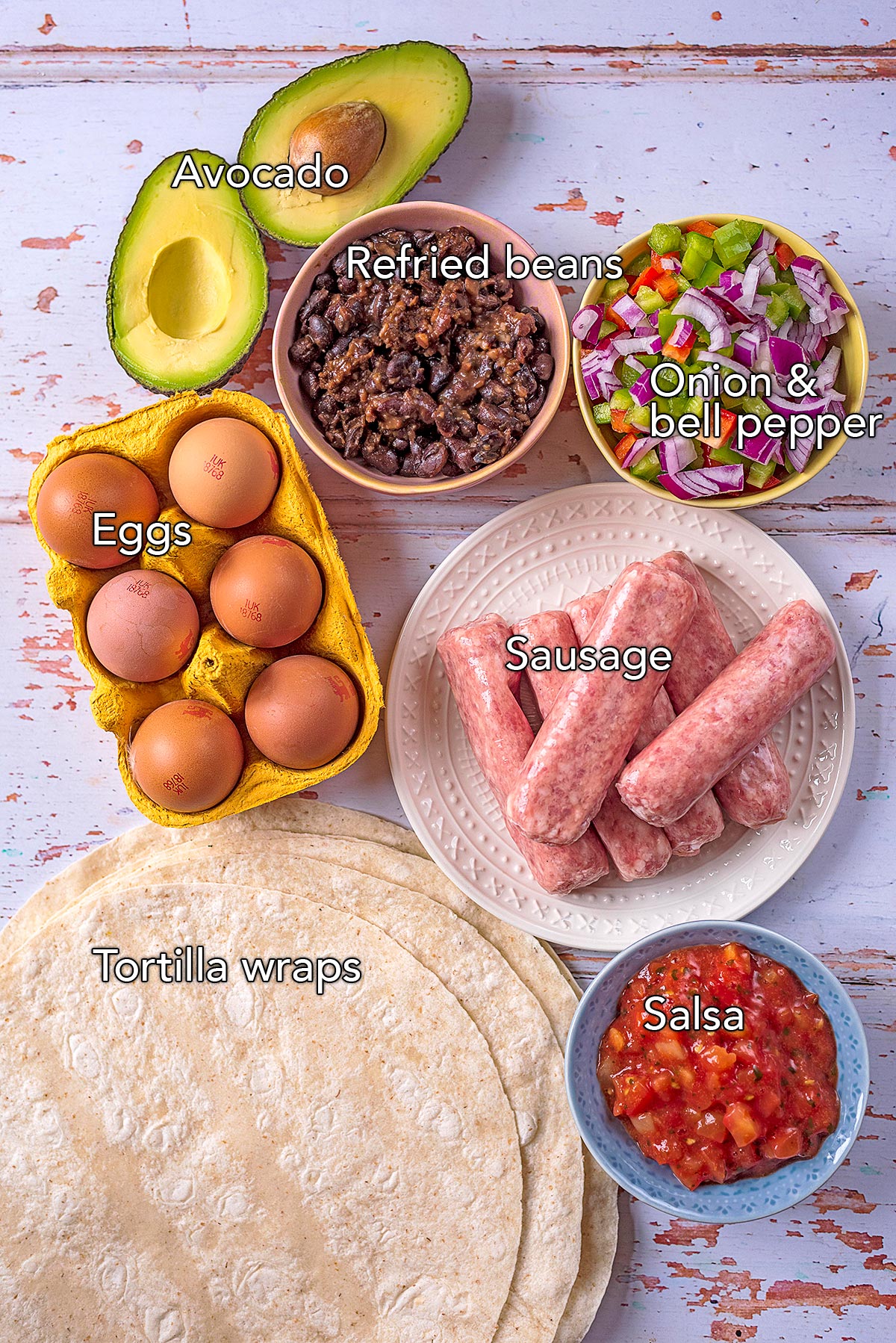 Ingredients needed for this burrito recipe with text overlay labels.