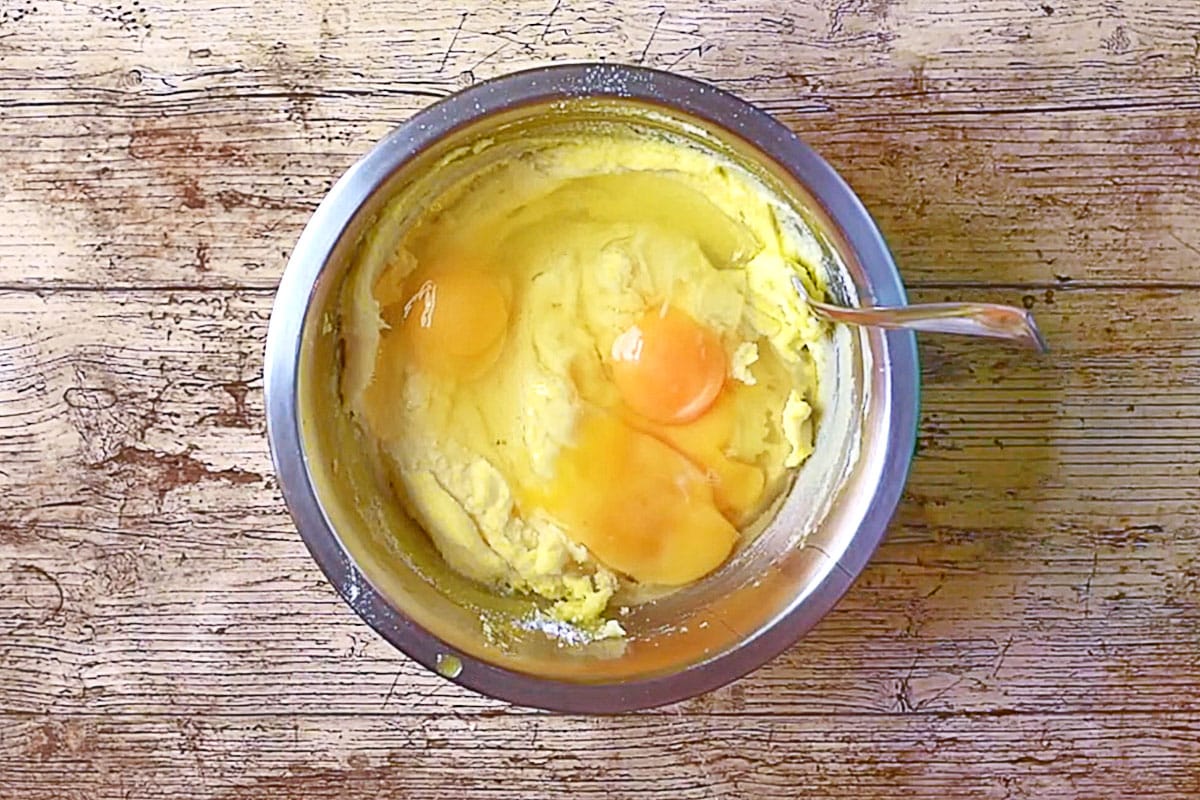 Eggs added to beaten butter and sugar.
