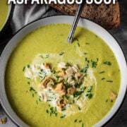 Asparagus soup with a text overlay title.