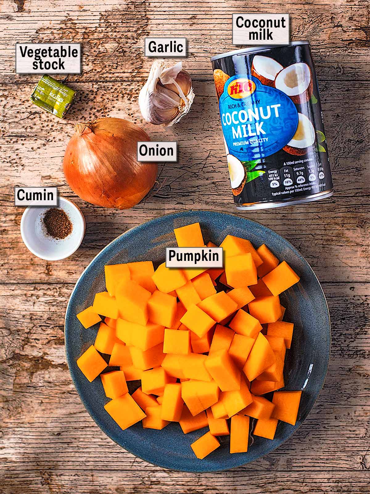 All the ingredients needed for this recipe with text overlay labels.