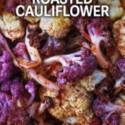 Garlic roasted cauliflower with a text overlay title.