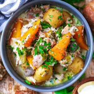 Slow Cooker Chicken Casserole in a round blue bowl.