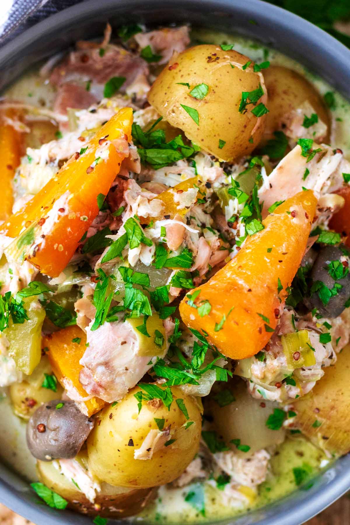 Shredded chicken, carrots, potatoes and herbs in a creamy sauce.