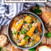 Slow cooker chicken casserole with a text title overlay.