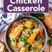 Slow cooker chicken casserole with a text title overlay.