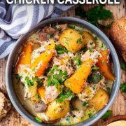 Slow cooker chicken casserole with a text title overlay.