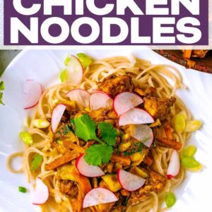 Thai chicken noodles with a text title overlay.