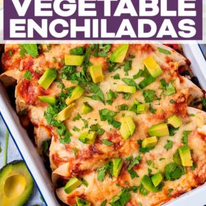 Bean and vegetable enchiladas with a text title overlay.