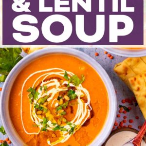 Carrot and lentil soup with a text title overlay.