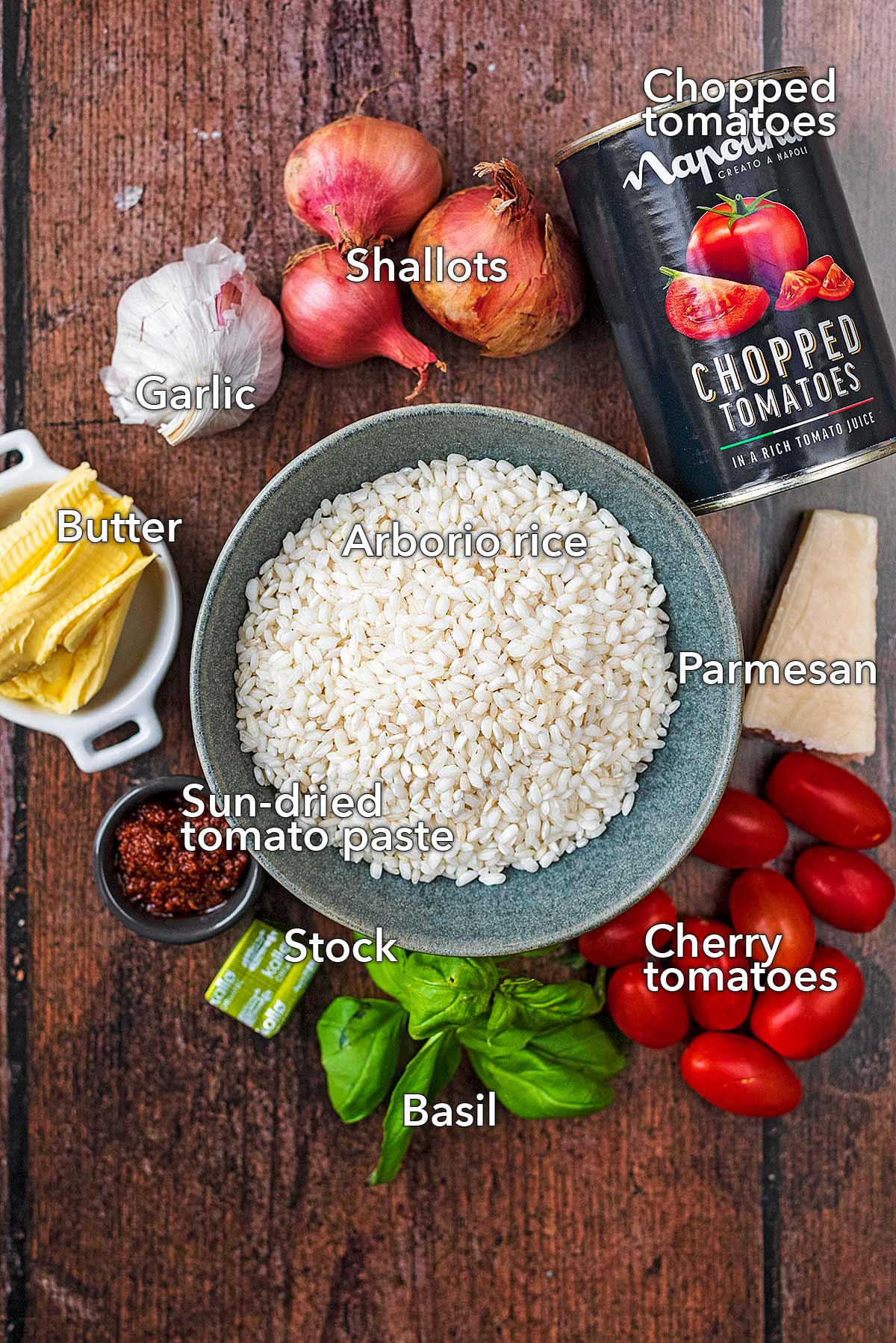 All the ingredients needed to make this recipe laid out on a wooden surface.