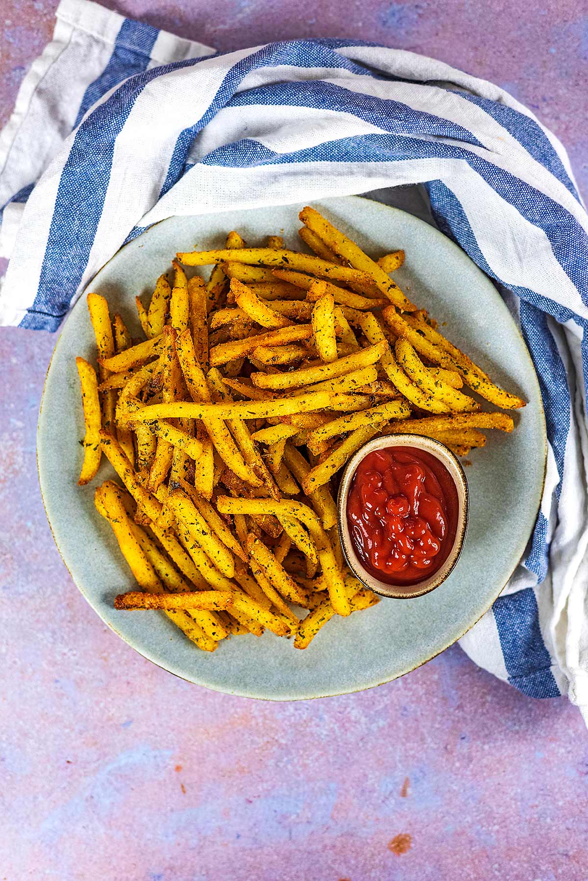 Seasoned fries on a plate with a small dish of ketchup.