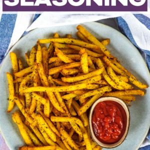 French fries in seasoning with a title text overlay.