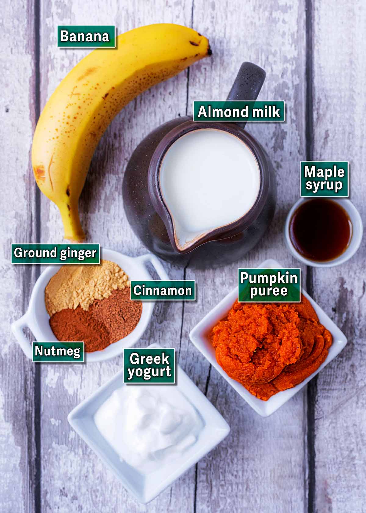 All the ingredients needed for this recipe laid out on a wooden surface with text overlay labels.