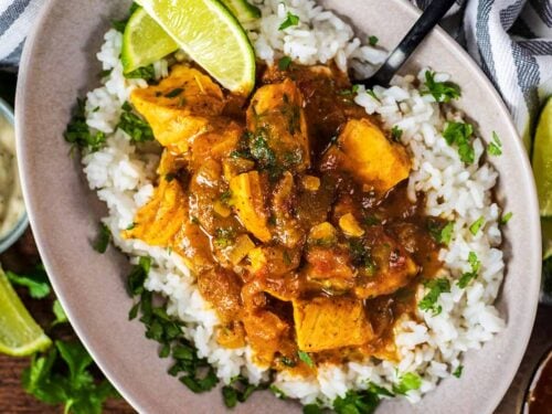 Salmon curry and rice in a large bowl.