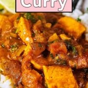 Salmon curry with a text overlay title.