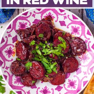 A plate of chorizo in red wine with a title text overlay.
