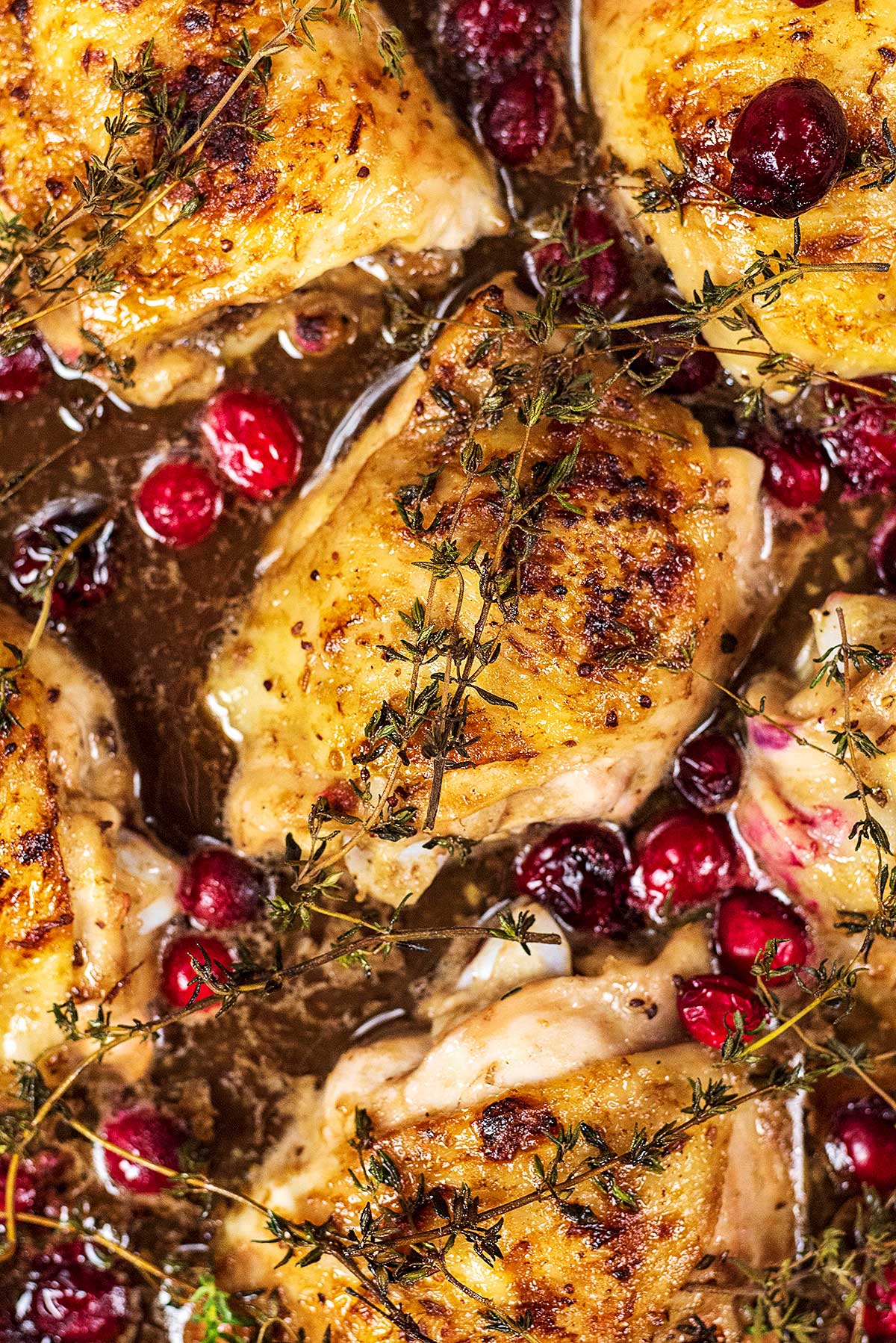 Cooked chicken thighs in a sauce with cranberries and thyme.