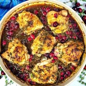 Cranberry Chicken in a large round baking dish.