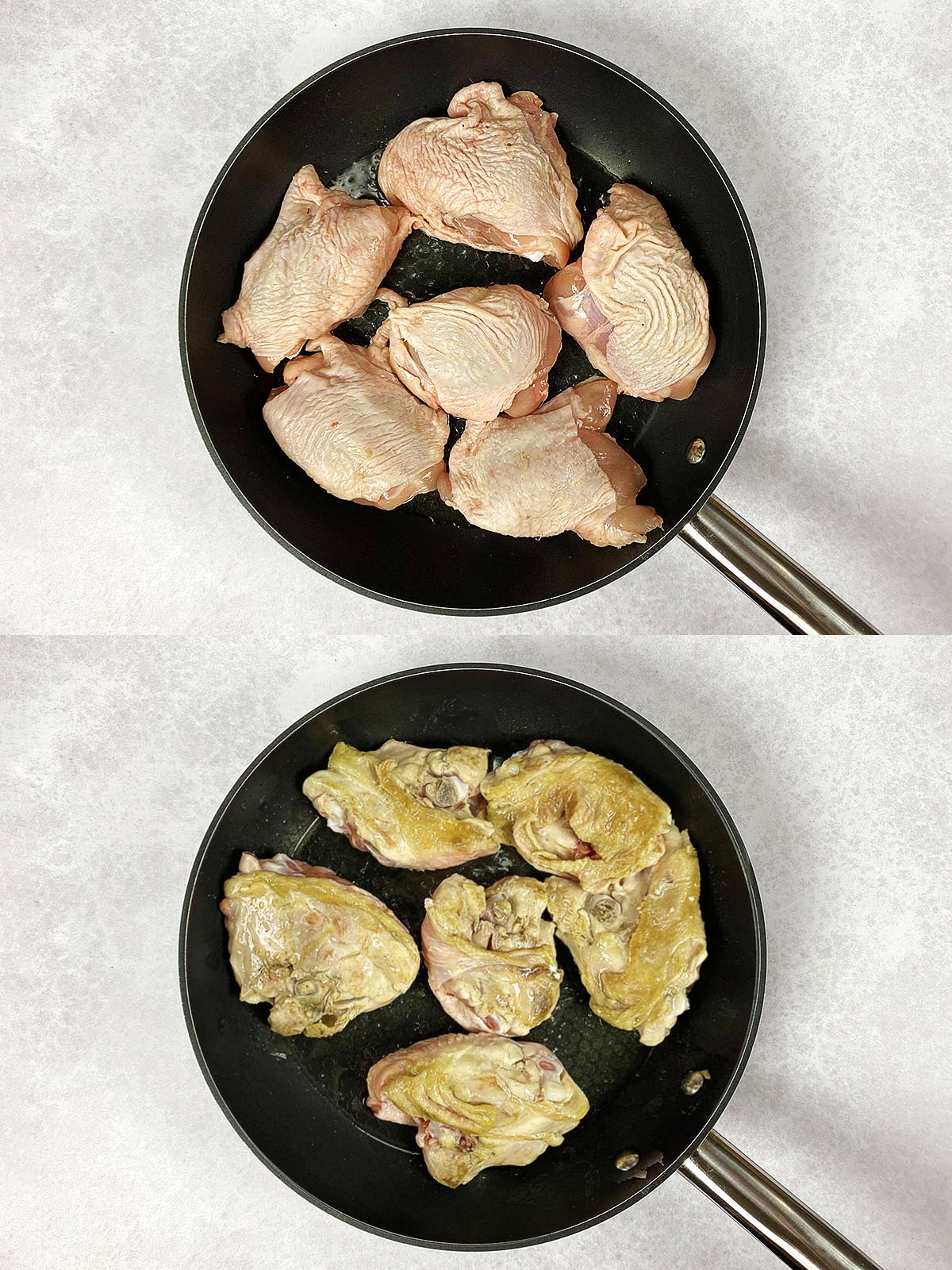 Two shot collage of a chicken cooking in a frying pan showing both sides of the chicken.