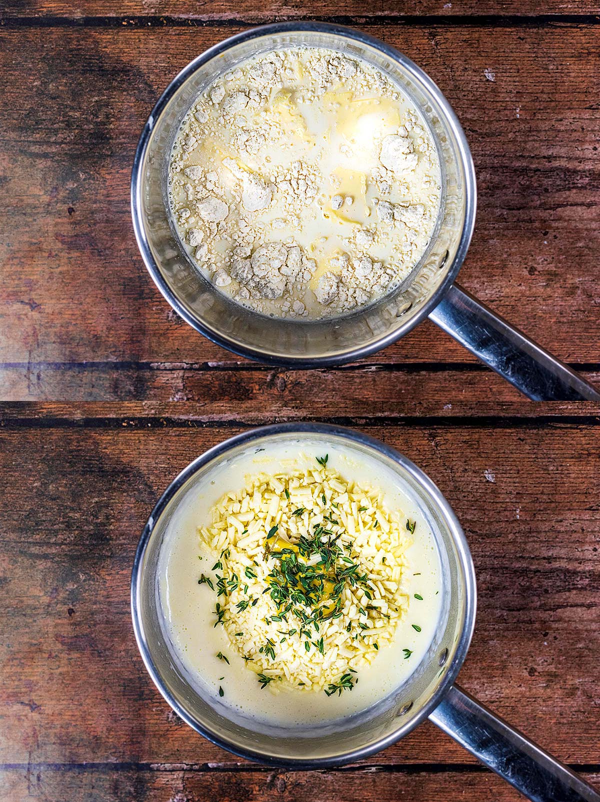 Two shot collage of the process of making cheese sauce.
