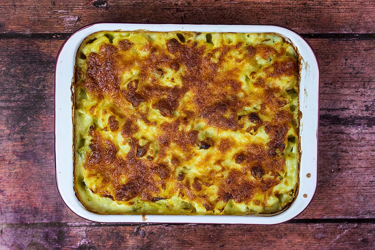 Browned, melted cheese on top of a potato bake.
