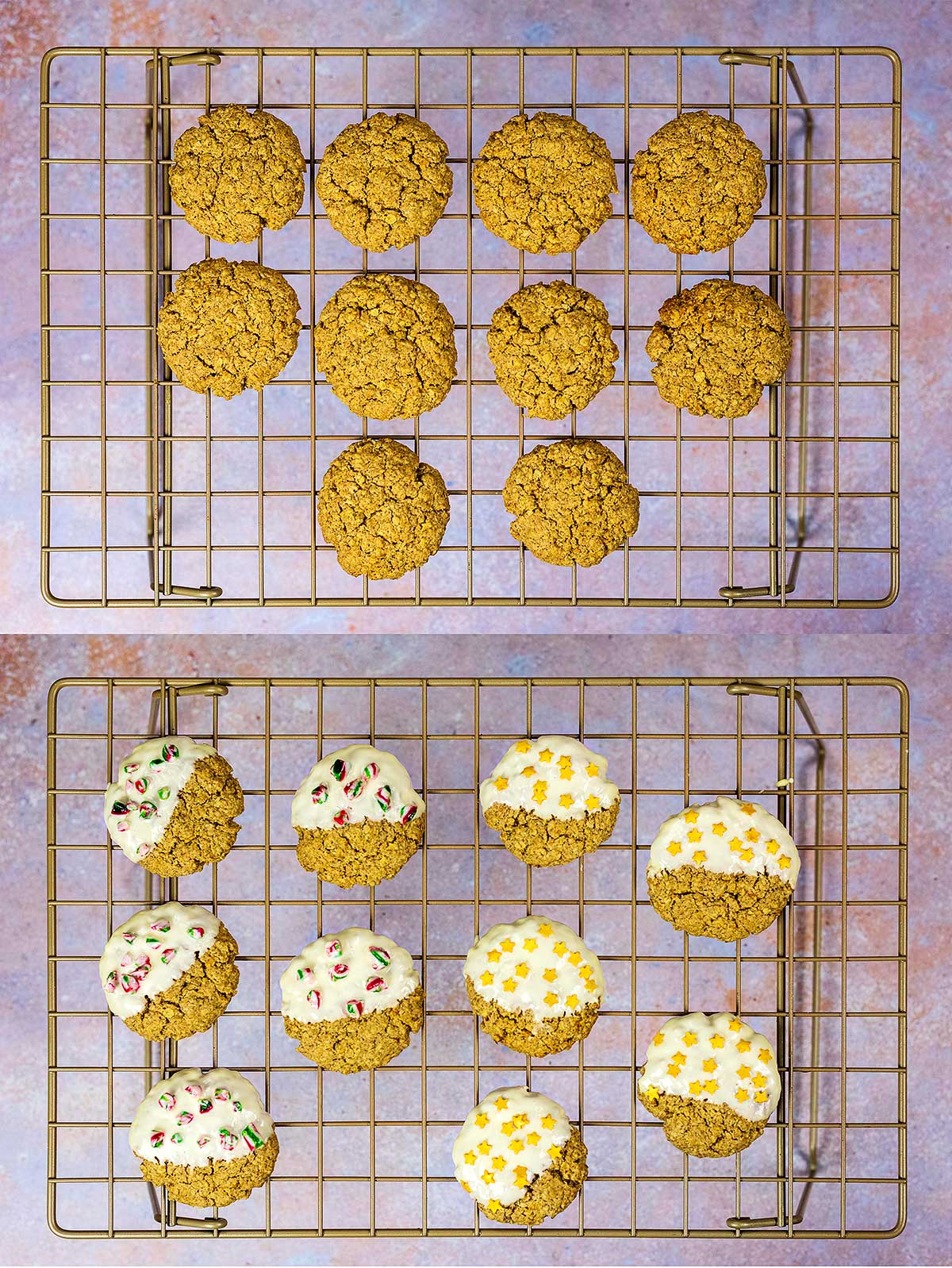 Two photo collage of cookies on a cooling rack. One has plain cookies, one has decorated cookies.