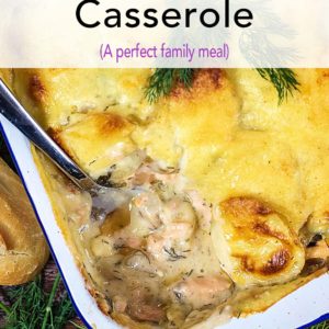 Salmon casserole with a text title overlay.